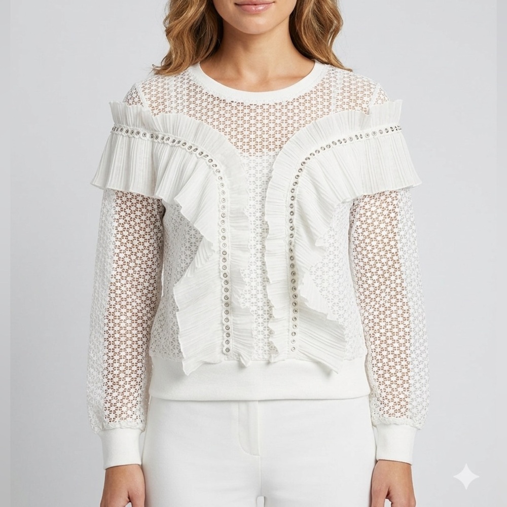 ALLISON New York White Lace Crochet Top studded ruffle blouse y2K boho chic L